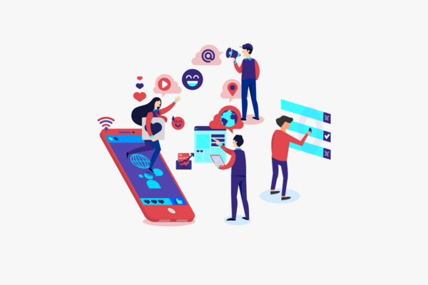 digitake Zeichnung Personen beim Analysieren von Daten und einem Handy